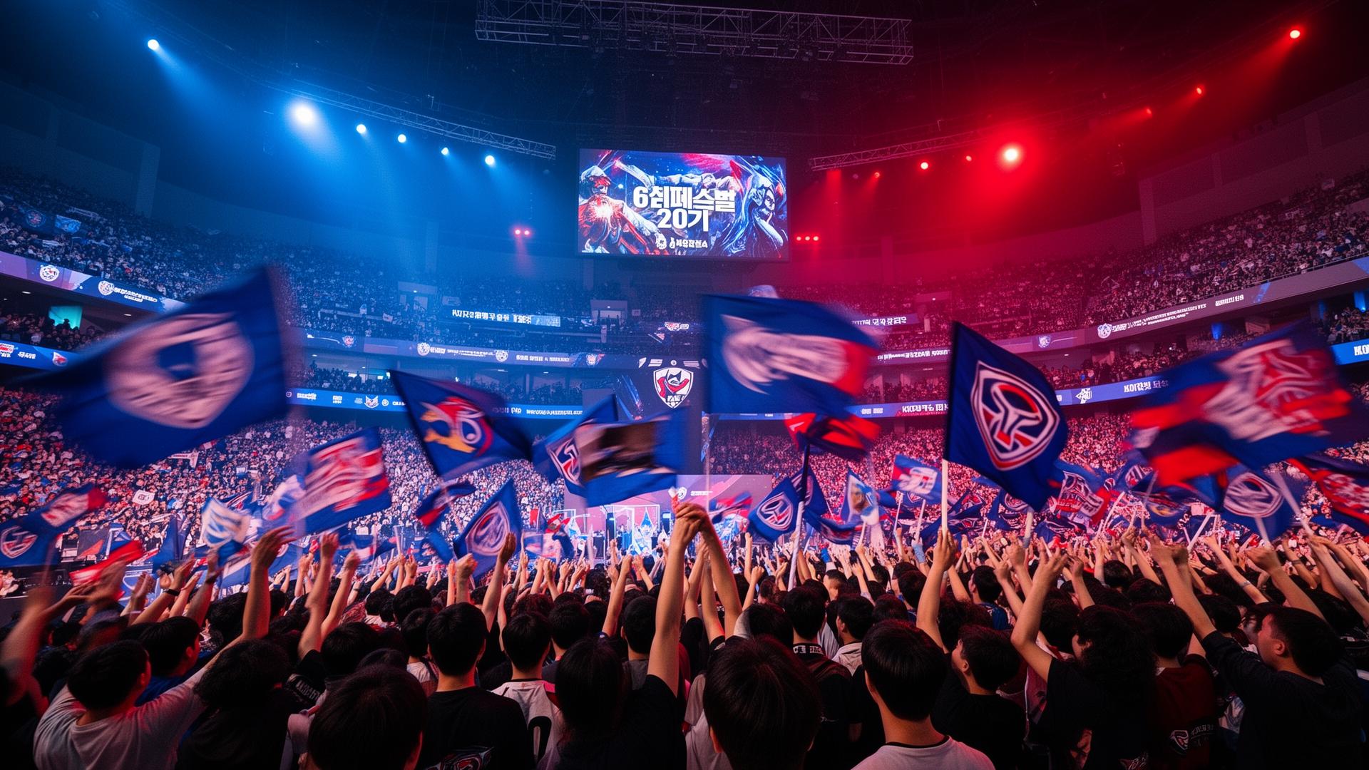 Crowd waving team flags at a Korean esports arena