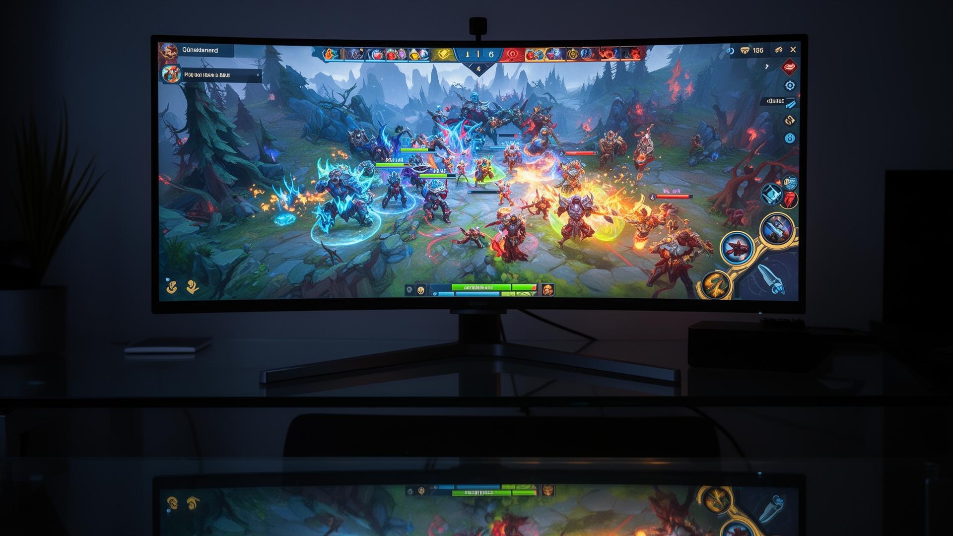 Ultrawide monitor showing a MOBA battle scene