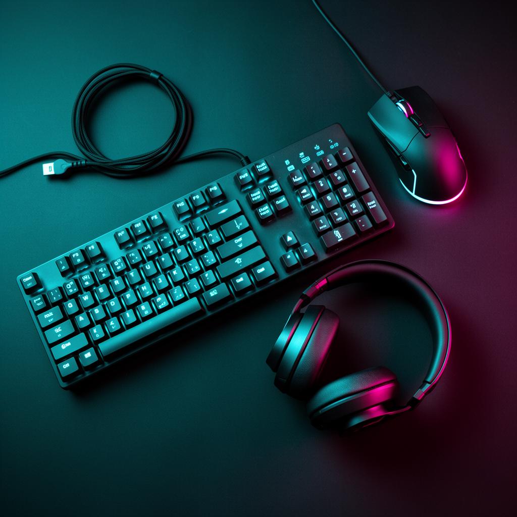Mechanical keyboard, mouse and headphones in neon lighting