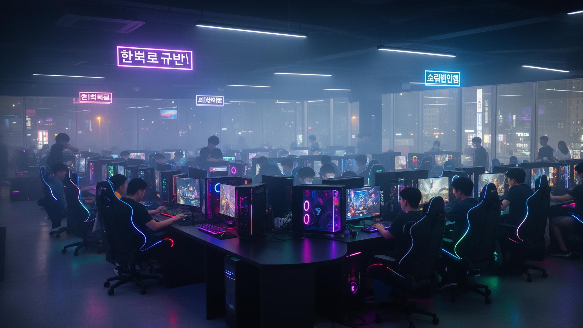 Modern Seoul PC bang interior with rows of RGB-lit gaming rigs