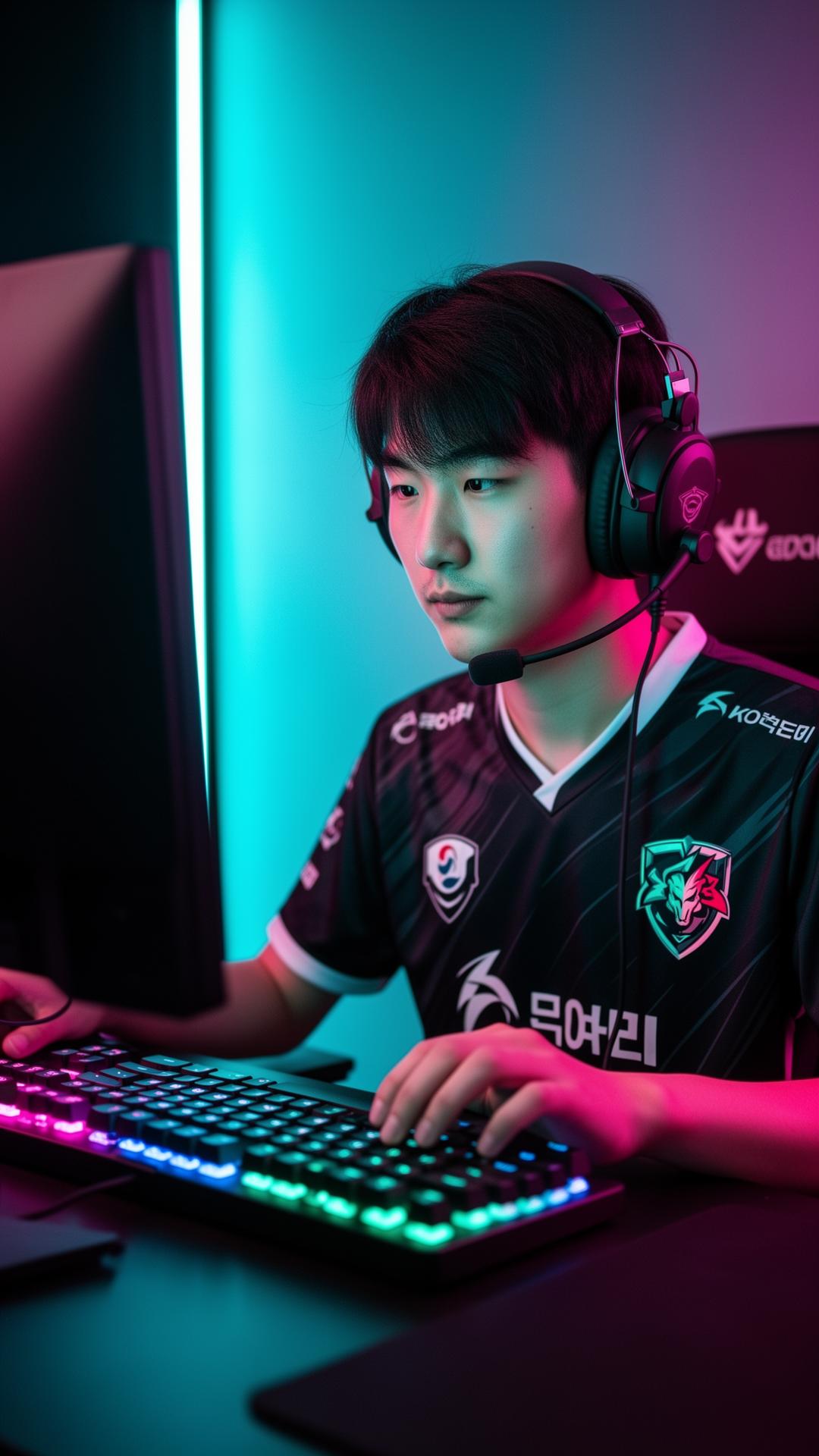 Korean pro gamer at gaming PC in team jersey