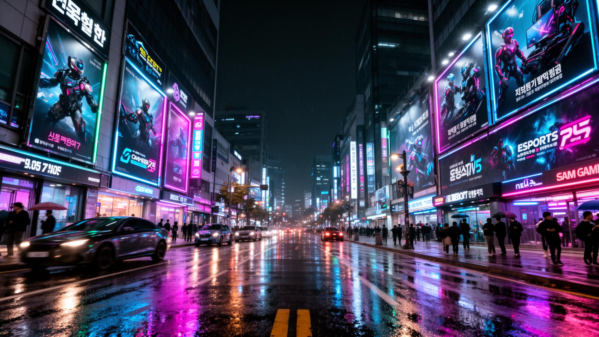 Neon esports billboards on a rainy Seoul street at night