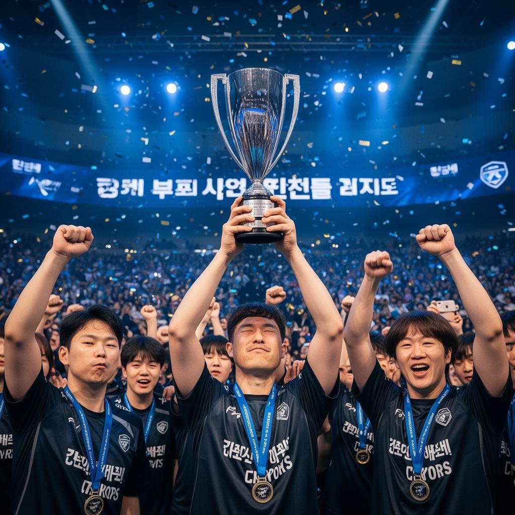 Korean esports champions lifting a trophy